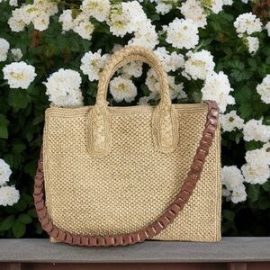 🆕💞IBELIV RAFFIA Tote Bag Top Handles +  Removable Braided Brown Leather Strap